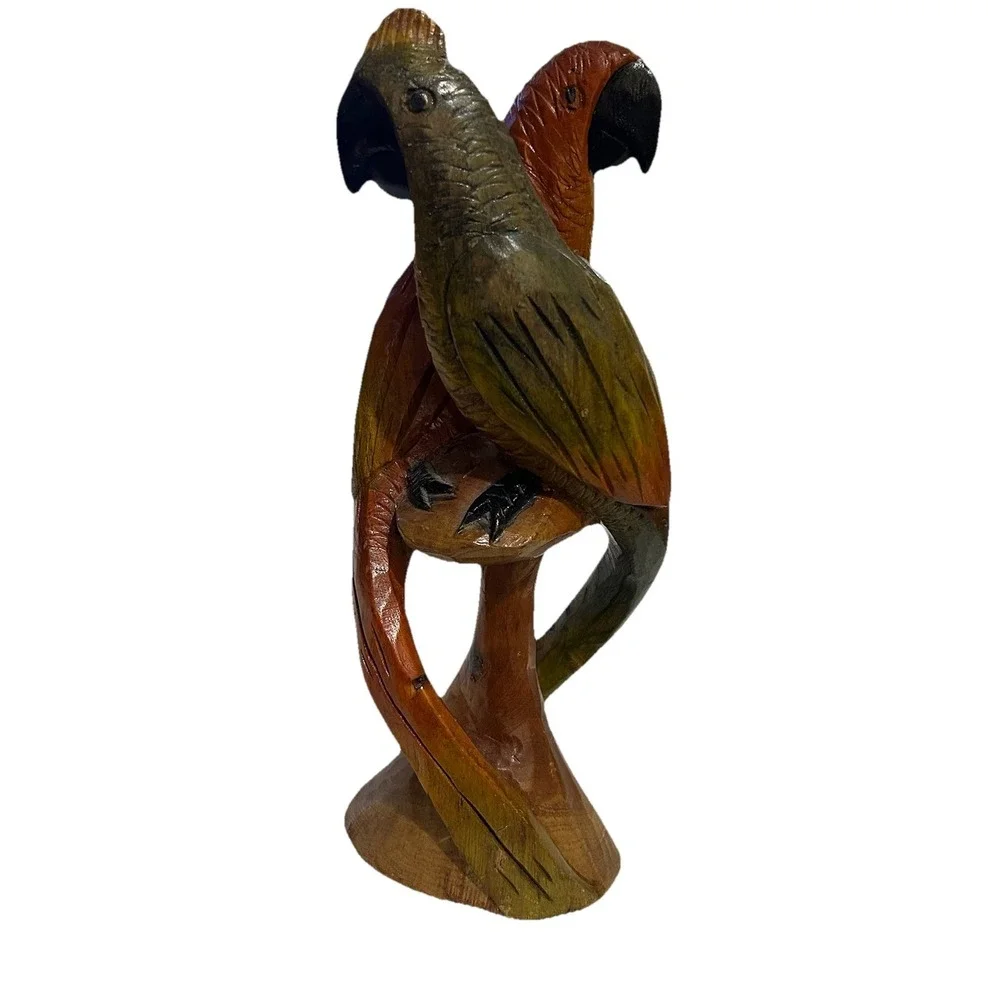 VTG Hand Carved & Painted Wood PARROTS Sculpture - LARGE PARROTS 13 Inches Tall